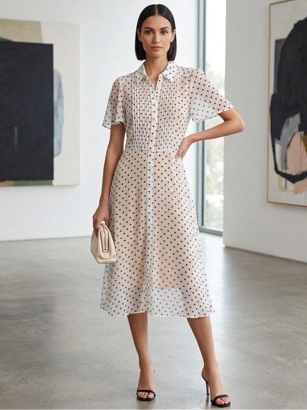 Nanette Lepore Vintage Style White and Black Polka Dot Midi Shirt Dress, Size 4